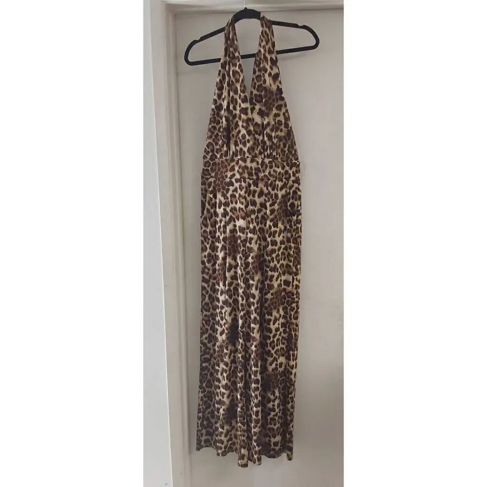 NWOT~VENUS Silky Leopard Print Front Slit Halter Style Jumpsuit Sz M